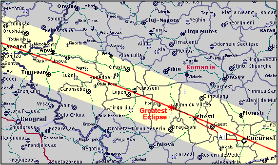 Zona de observare optima a eclipsei totale de soare din august 1999 in partea de vest a Romaniei
