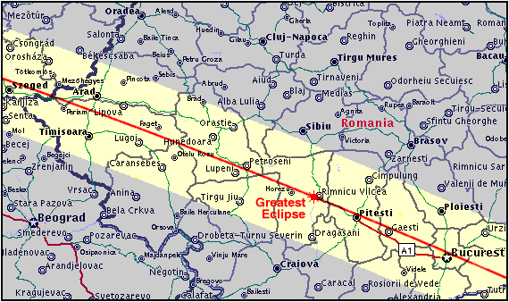 Traiectoria eclipsei totale de soare din august 1999