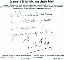 Autograf al lui Italo Balbo pentru "Romania Aeriana"