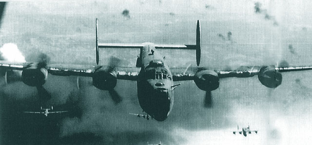 B-24 (Liberaroare) peste Ploiesti; se observa exploziile proiectelor antiaeriene