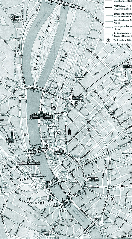 Principalele poduri ale Budapestei (de sus in jos): 1. Arpd, 2. Margit (Margareta), 3. Szechenyi (sau Lnchid  Podul de lanturi), 4. Erzsebet (Elisabeta), 5. Szabadsg (Libertatii), 6. Petfi. Intre primele doua poduri, Margit sziget (Insula Margareta)